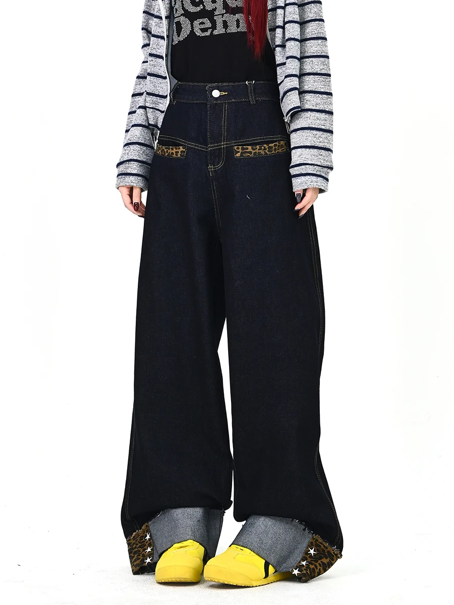 

Bf Loose Leopard Print Patchwork Cuffed Denim Jeans Women's Spring New Sle Streetwear Floor-Length Pants Casual Neutral