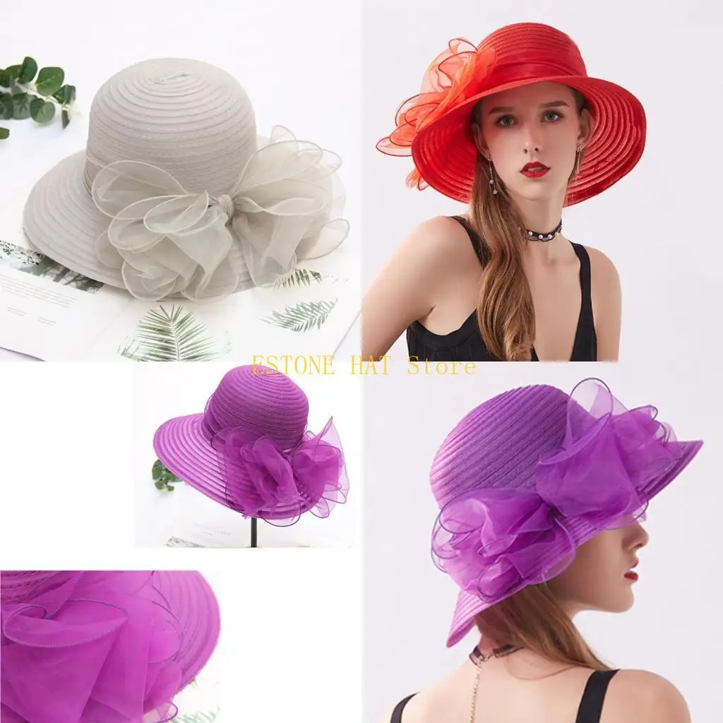 49MF Girls Fisherman Hat for Wedding Photo Props Summer Hat Outdoor Party Delicate Organza Bowknot Women Derby Hat