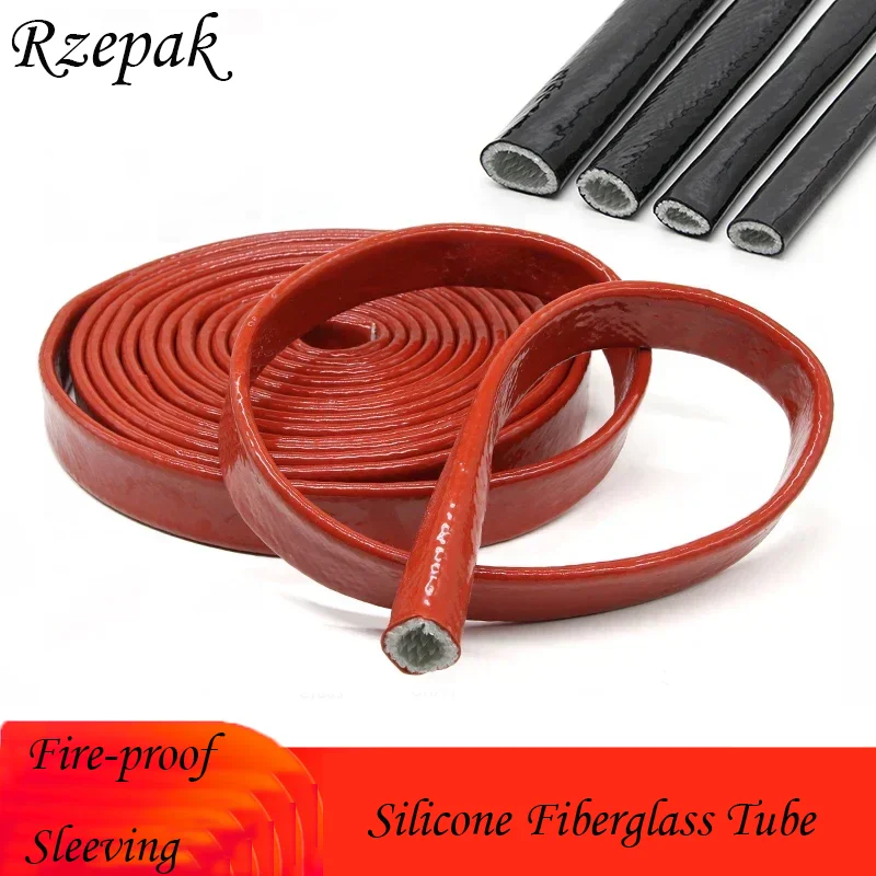 1/2/5m Silicone Fiberglass Tube Coated Glass Fiber Braided Fireproof Sleeve - High Temperature Heat Shrink Cable Sleeve