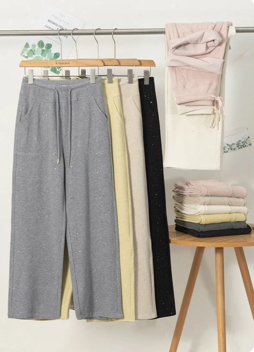 

Spring And Summer New Products Starry Hot Diamond Sequins Shiny Knitted Fabric Skin-Friendly Soft Casual Trousers Wide-Leg Trous
