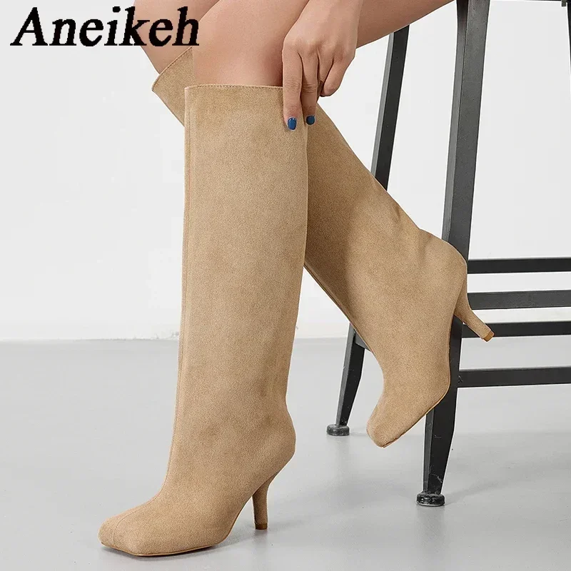 

Aneikeh Punk Style Thin Low Heels Women Knee-High Long Boots Winter Round Toe Shoes Fashion Modern Botas Para Mujer Slip-On