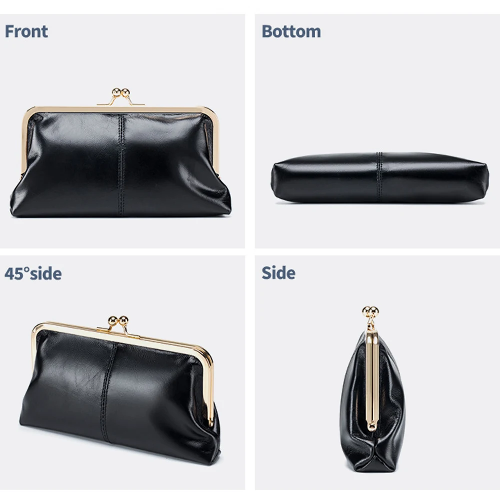 Royal Bagger Genuine Cow Leather Fashion Retro Clip Long Clutch Wallet for Women Simple Mouth Gold Storage Bag Phone Purse