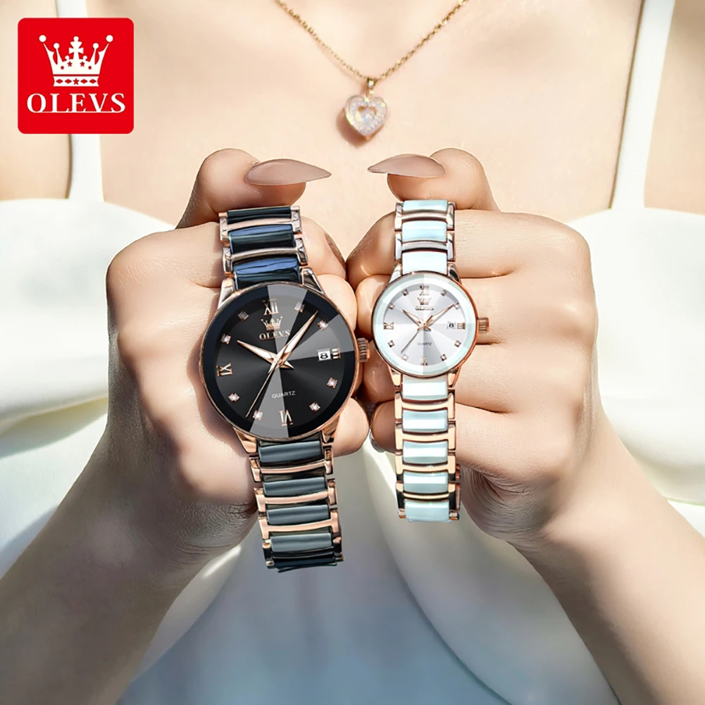 OLEVS Brand Couple Watches Fashion Classic Ceramic Quartz Watches Sports Waterproof Luminous Date Original Wristwatch For Lovers