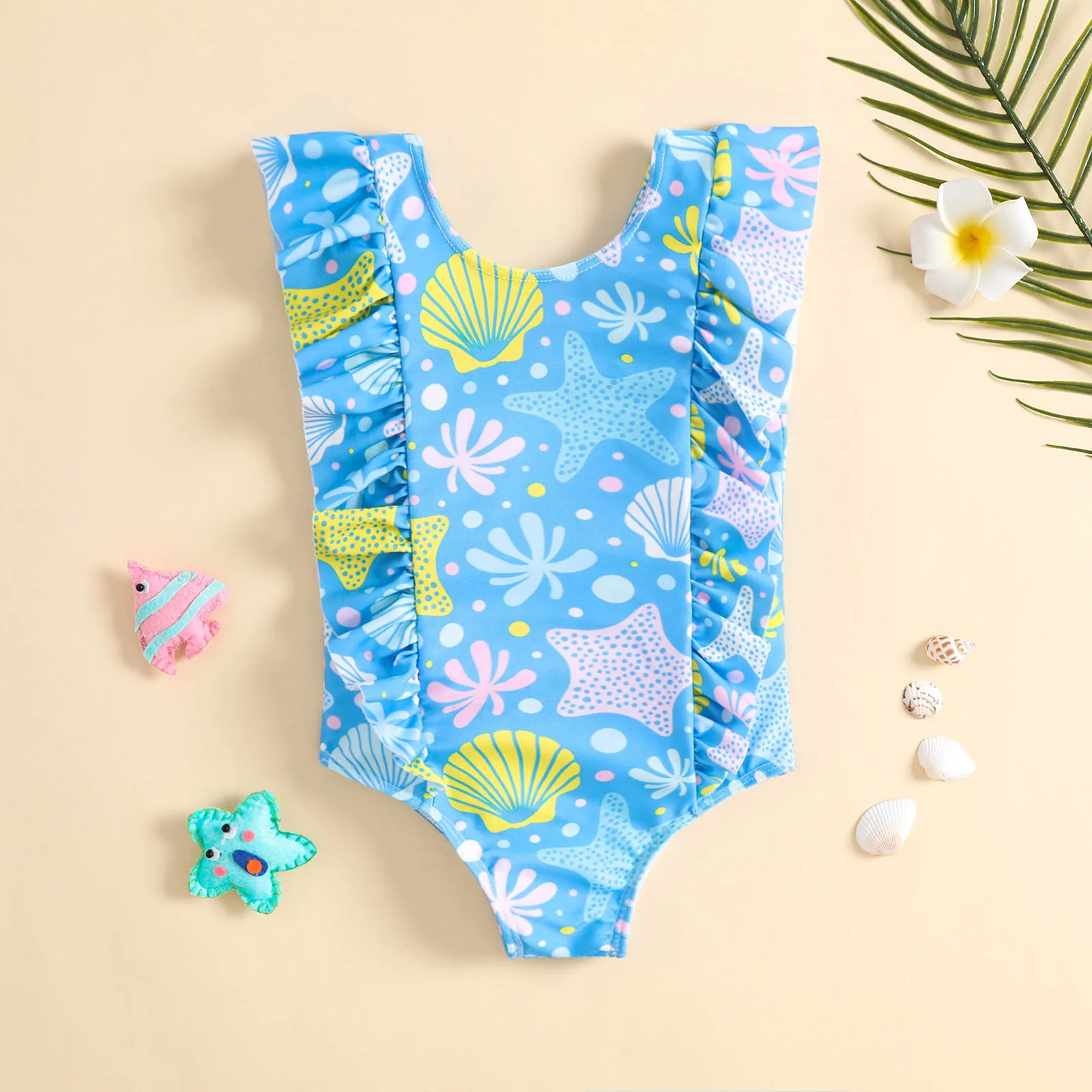 Toddler one piece swimsuit with ruffle and starfish shell ocean pattern for beach and pool water play
