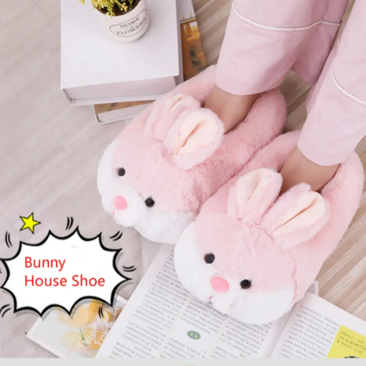 Women House Fur Slippers Casual Cute 3D-shaped Lovely Bunny Rabbit Design Pink Grey Winter Indoor Warm Soft Soles Comfy Home New