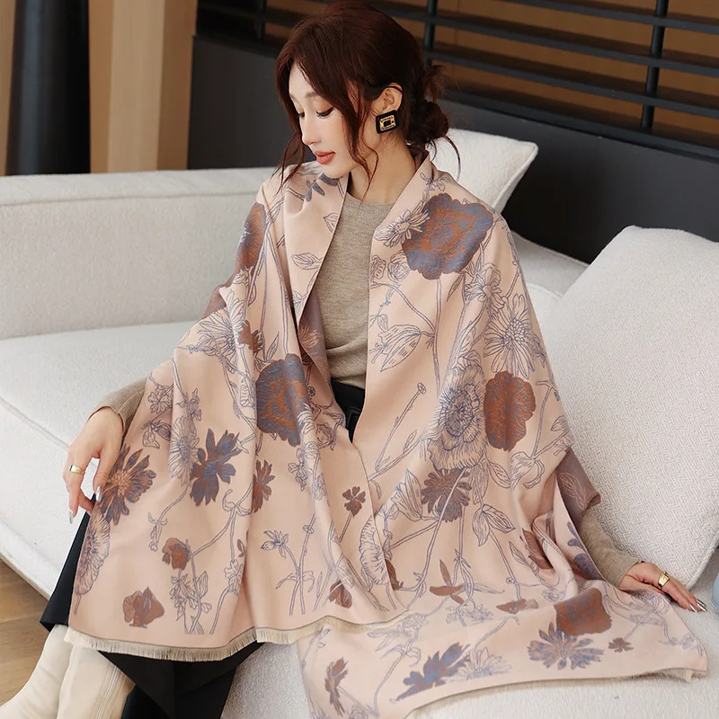 2024 Luxury Floral Print Scarf for Women Warmer Winter Cashmere Pashmina Scarves Shawls Female Thick Blanket Wraps Foulard