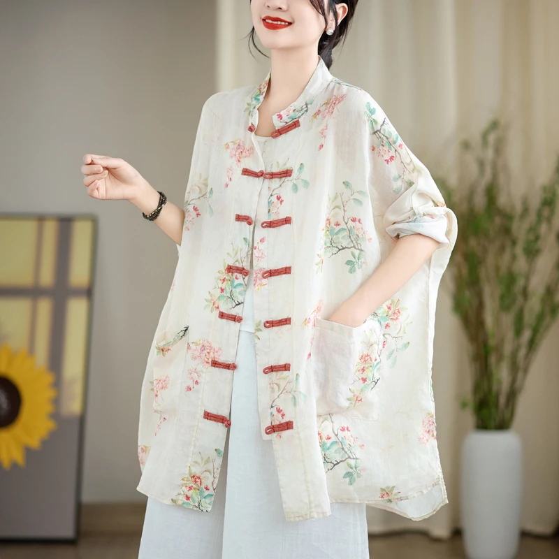 Chinese Style Printed Top Women Loose Large Size Sun-protective Clothing Vintage Mid-length Shirt Coat Traditional Costume