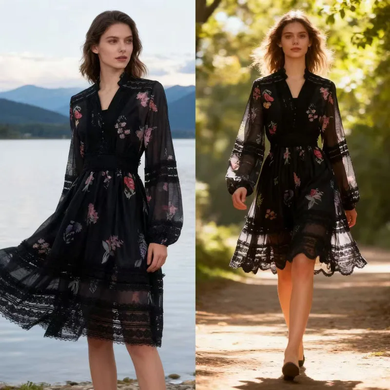 

Юбка Hebe A-силуэта с принтом и кружевной отделкой, длинная, с высокой талией, в уличном стиле, модная