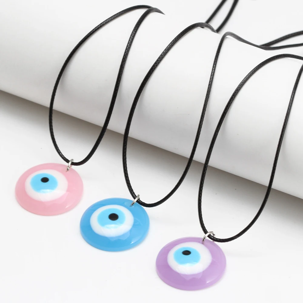 Lucky Eye Plastic Round Pendant Necklace Leather Rope Chain Turkish Evil Eye Necklace for Women Men Jewelry collar collier שרשרת