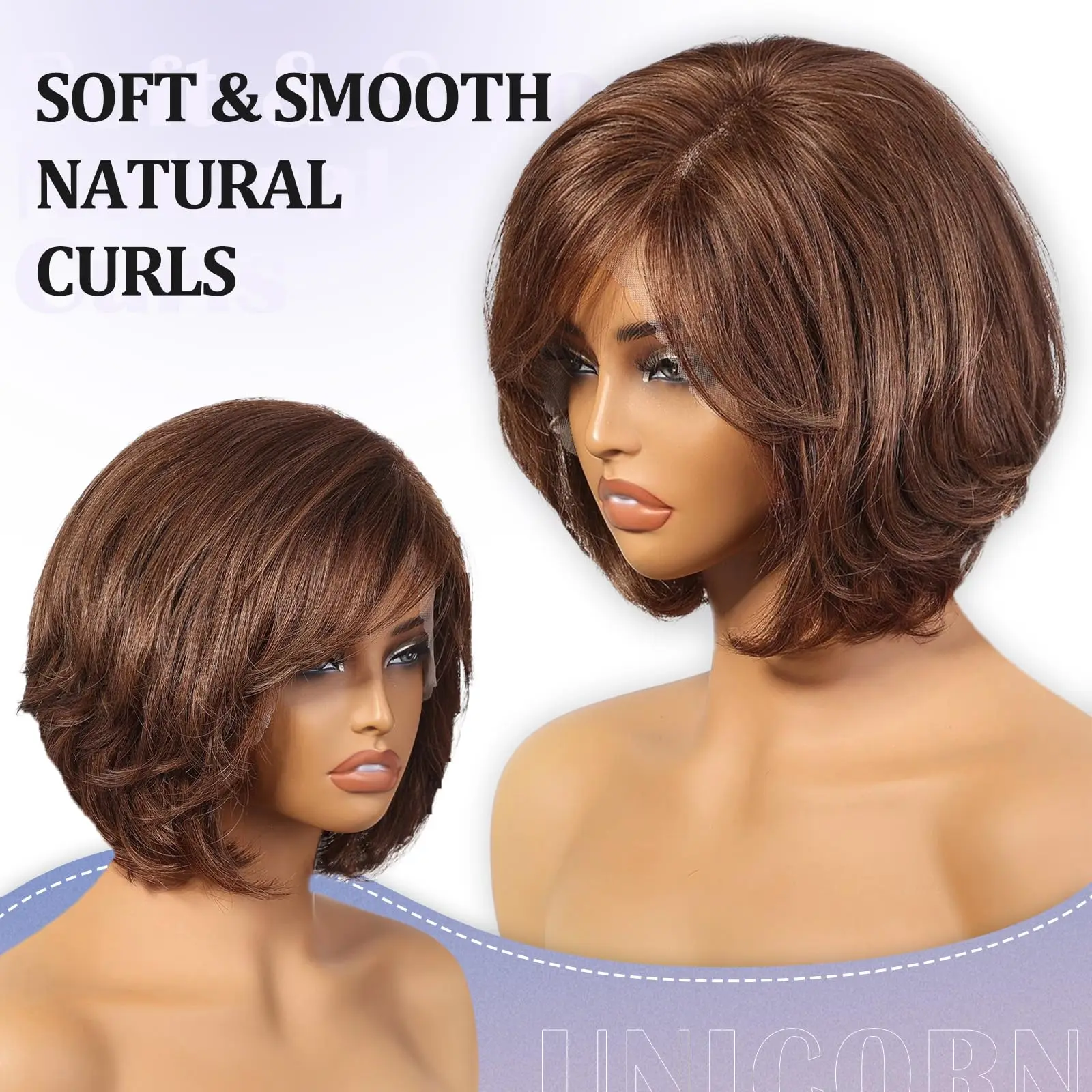 Perruque Bob Lace Front Wig Remy naturelle, cheveux courts ondulés, coupe Pixie, brun chocolat, avec franges, pour femmes