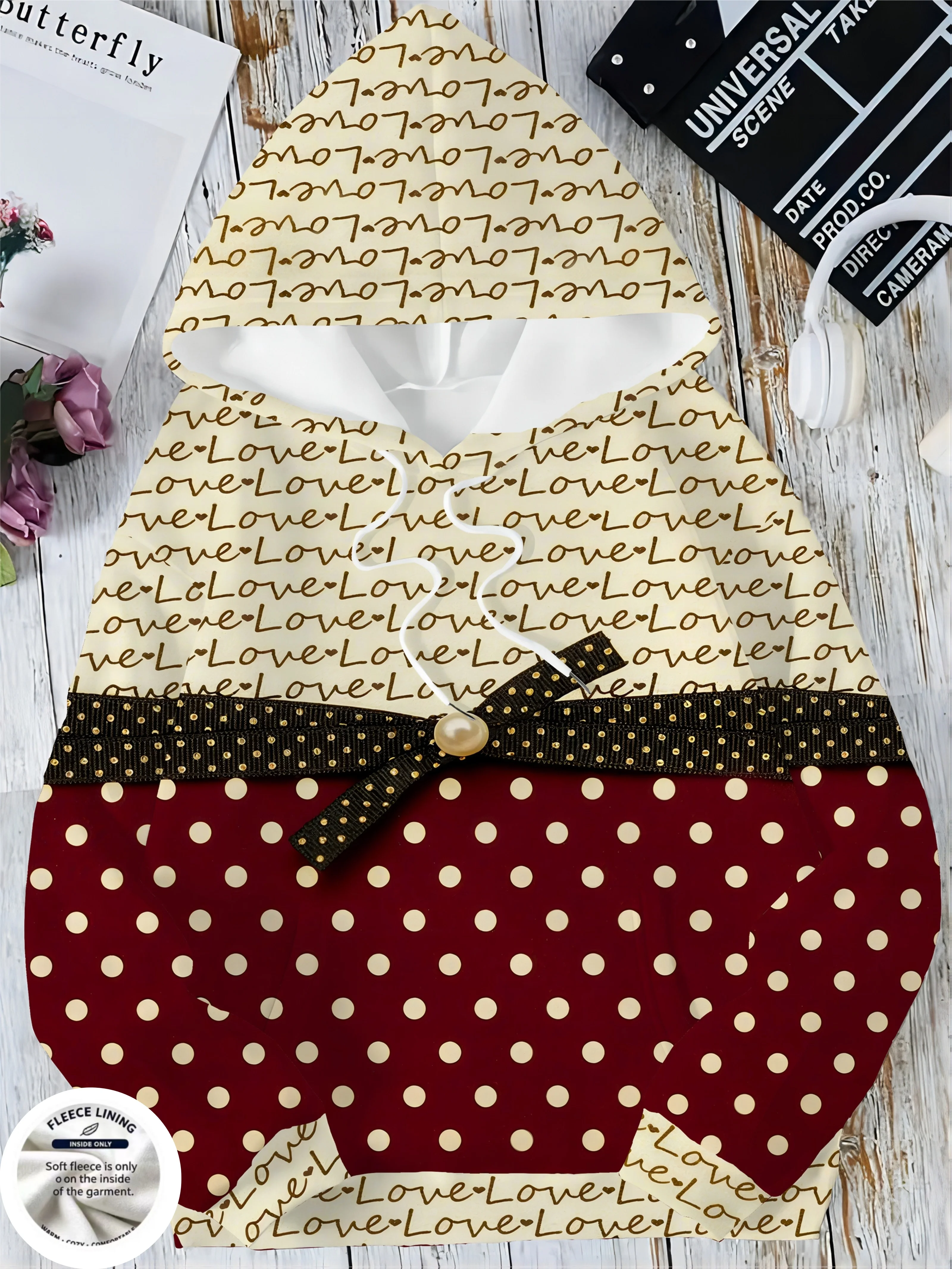 Women Retro Spliced Print Hooded Fleece Sweatshirt, Love Letter & Polka Dot Floral Pattern Casual Long Sleeve Pullover Hoodie