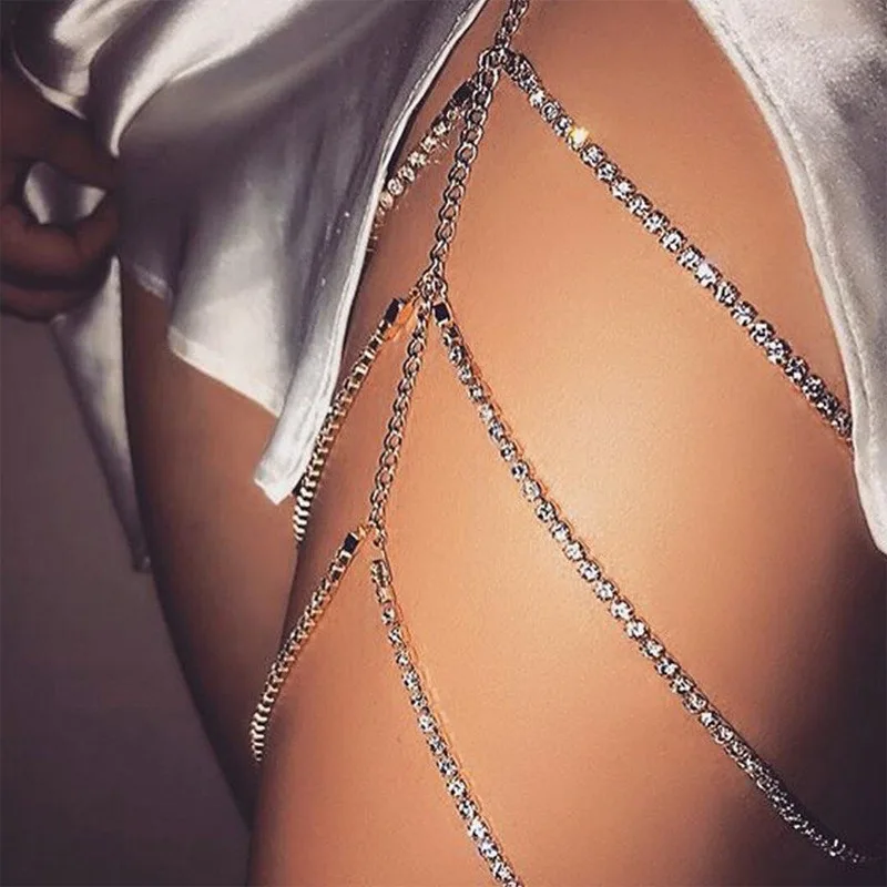 Boho Thigh Chain Leg Chain for Women Rhinestone Thigh Harness Stretch Layered Body Jewelry for Summer Holiday Nightclub Beach