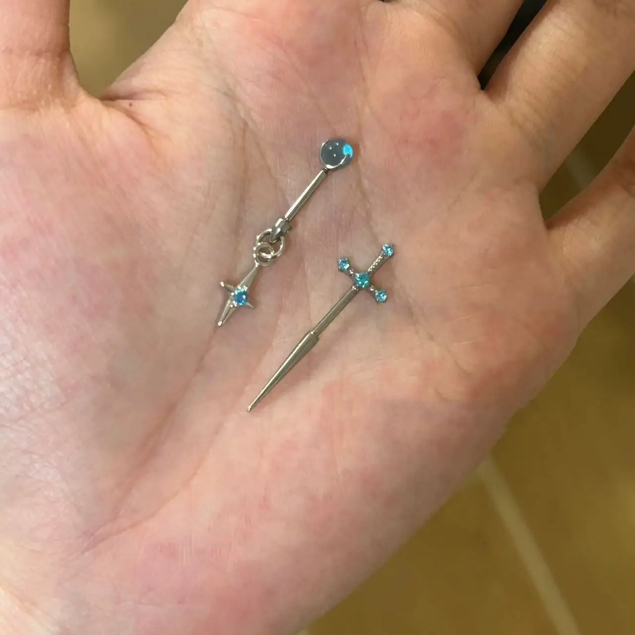 Trendy Punk Blue Sword Demon Cross Pendant Earrings For Women Men Personalized Zircon Round Ball Piercing Earrings  Accessory