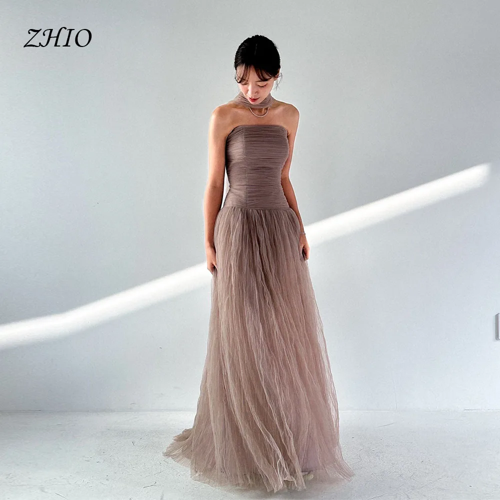 

ZHIO Taupe Pleated Skirt Tulle Korean Prom Dresses With Wedding Snapshot Sleeveless Corset Customized Dresses Evening Party Gown