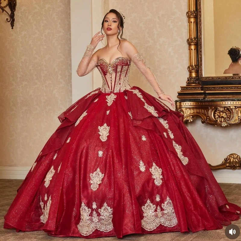 

Red Shiny Ball Gown Quinceanera Dresses Gold Applique Lace Beads Tulle Party Birthday Sweet 16 Dress Vestido De 15 Años