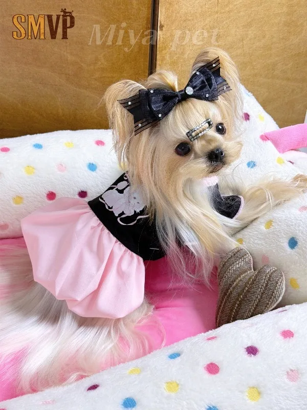 Black Pink Contrast Pet Dress Poodle Graphic Short Sleeve Pleated Dress Fashion Costume for Puppies Kittens Photography Outfit
