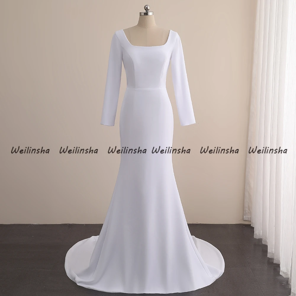 Welinsha Square Collar Mermaid White Bridal Gowns Full Sleeve Jersey Women's Dress for Guest 2022 New Real Shot Robe De Mariée