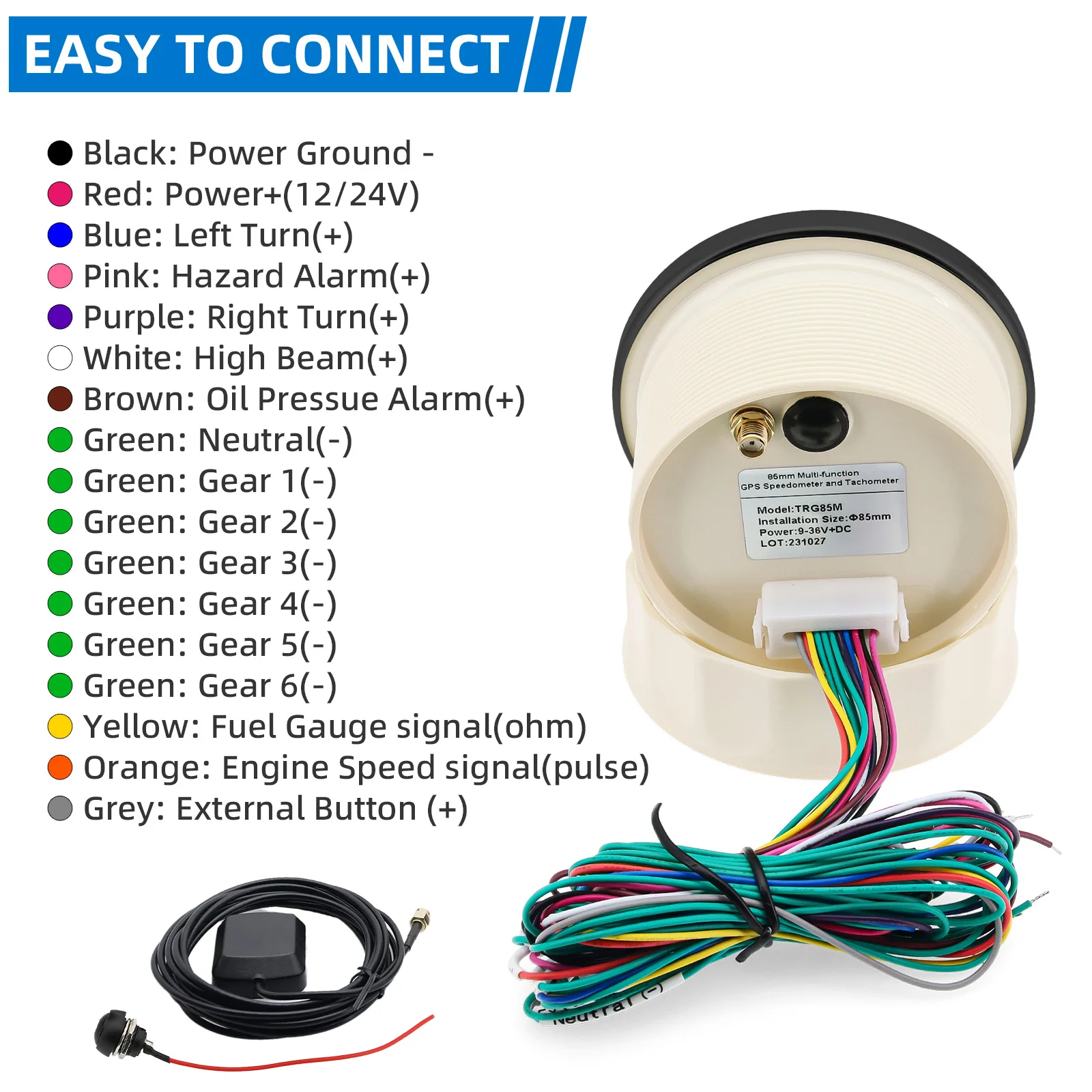 85mm Multifunctional Gaug GPS Speedometer Tachometer 8000RPM Fuel Level Gauge Voltmeter 299kmh MPH Speed Meter With 1-6 Gear