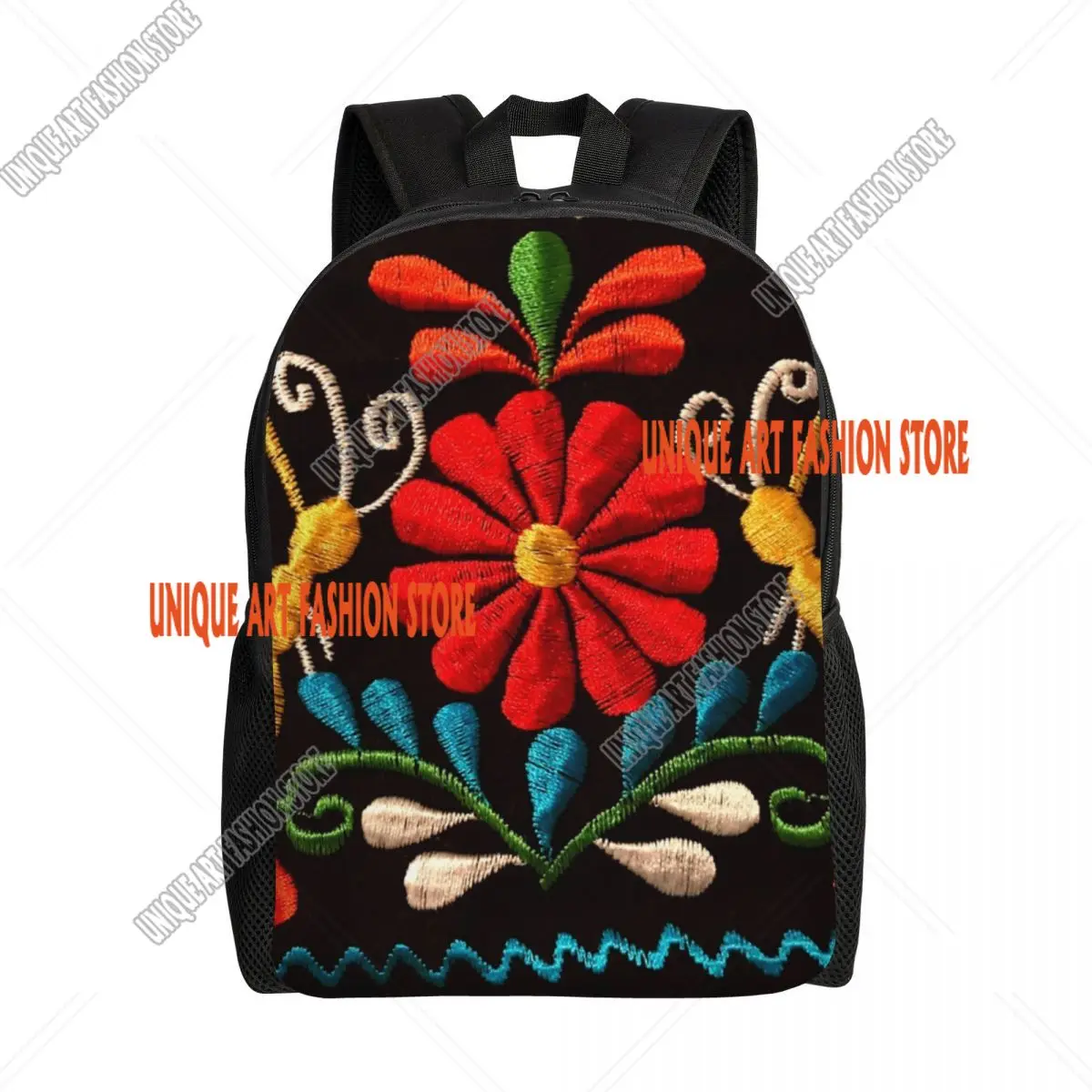 

Custom Mexican Butterflies And A Red Flower Backpack Casual Bookbag for School College Colorful Traditional Embroidery Bags