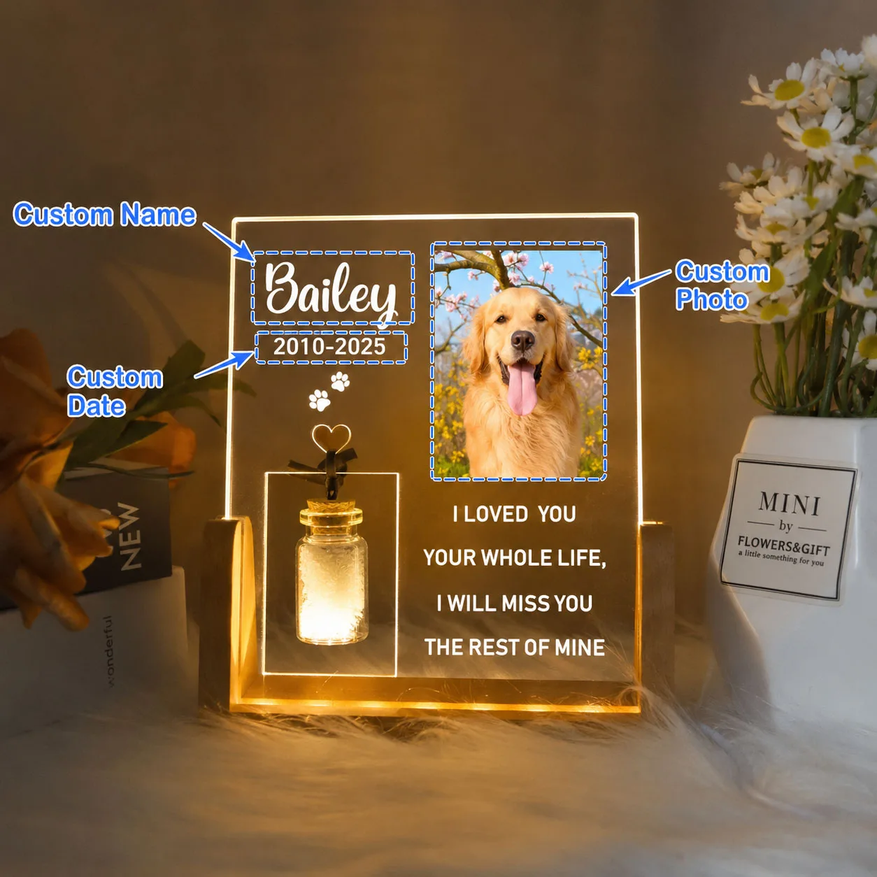 Custom Pet Memorial Night Light Personalized Photo Name Acrylic LED Plaque Dog Cat Loss Sympathy Remembrance Gift