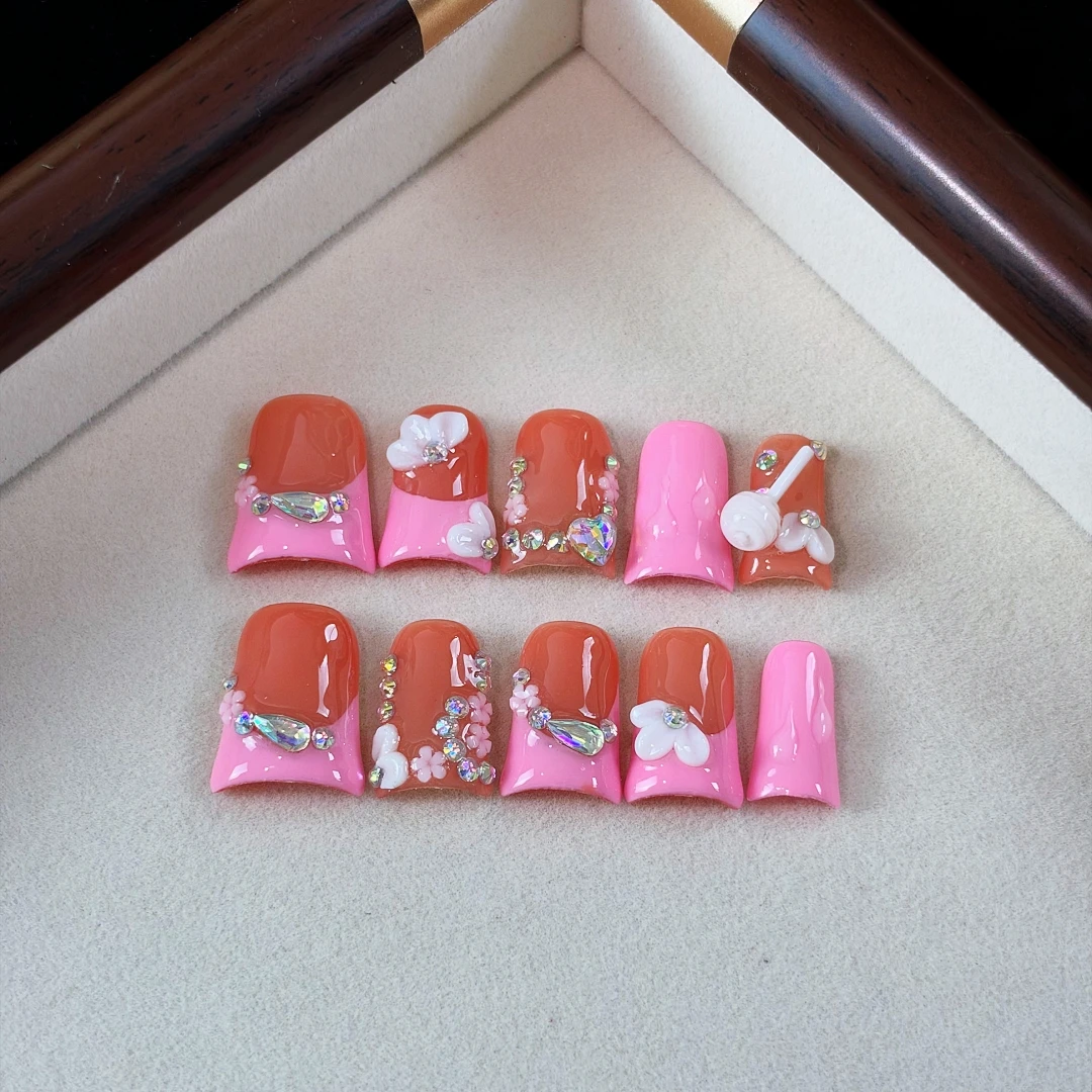 10pcs High-end Fashionable and sweet style, hand-painted patterns, candy, and embedded diamonds handmade fake nails