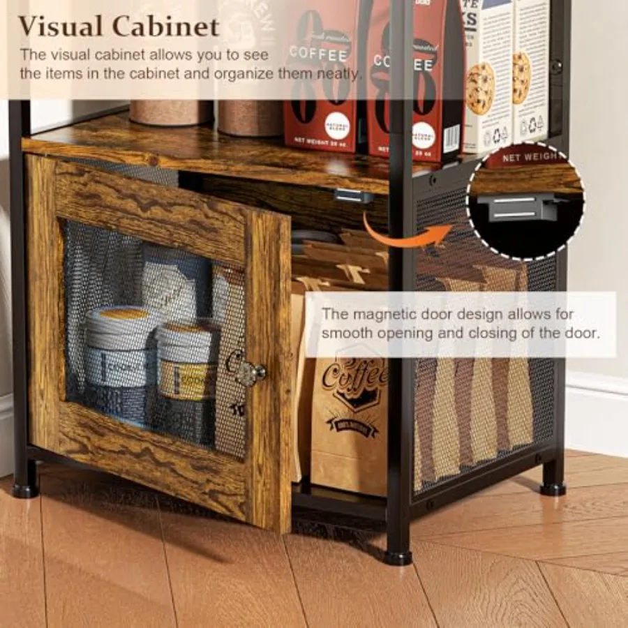 خزانة بار القهوة من 5 طبقات مع باب مرئي، بار قهوة صغير مع 5 خطافات، حامل ميكروويف طويل القامة لزاوية المساحة الصغيرة #3