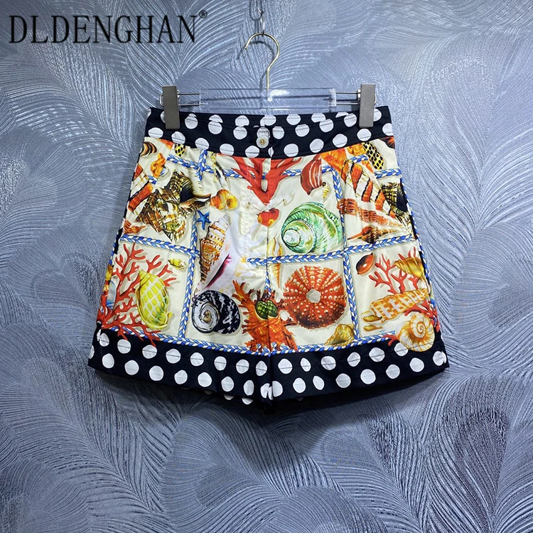 DLDENGHAN Summer Cotton Shorts Women's High waist Pockets Dot Shell Print Beach Style Shorts Fashion Designer New