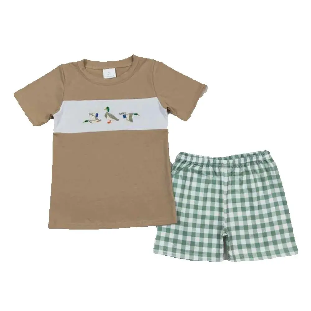 Conjuntos de ropa con pantalones cortos a cuadros verdes y camisa de patos para bebés