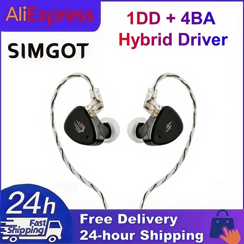 SIMGOT EM6L HIFI dans l'oreille 1DD + 4BA pilote hybride IEMs moniteur couteurs avec cble argent OFC dtachable pour musicien Audiophile