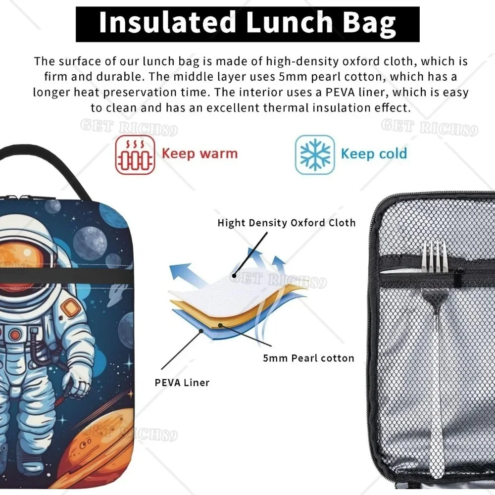 Universe Astronaut Rocket Galaxy Print Lunch Bag for Women Men Insulated Lunch Box Reusable Tote Bag for Work Trip Office Travel