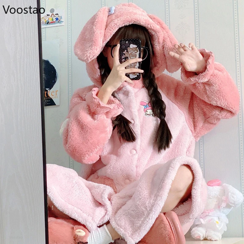 Autumn Winter Women Cute Cartoon Pajamas Coral Fleece Nightdress Warm Long Ears Hooded Robe Girls Sweet Home Clothes Nightgown