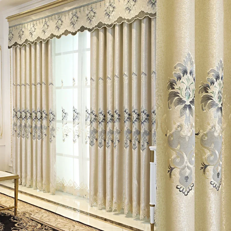 European Style Shading Embroidered Curtains for Living Room and Bedroom Grey Color Jacquard Windows Curtain Luxury Drapes