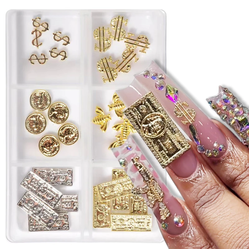 30Pcs/Box Luxury Alloy Nail Charms Coin Shaped Design Rivet 3D Money Dollar Pattern Silver Gold Manicure Nail Art Accessories