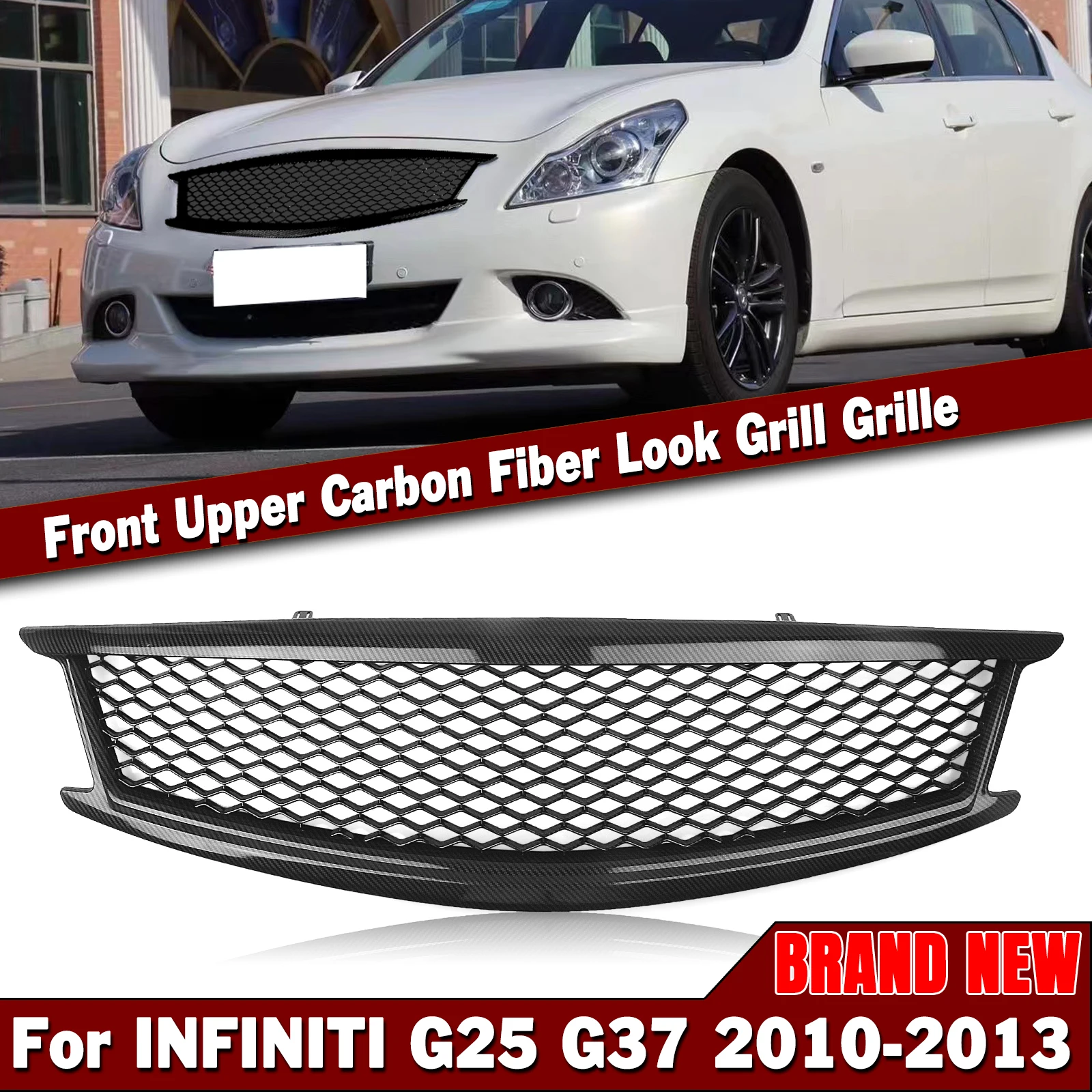 For Infiniti G25 G37 Sedan 4 Door 2010 2011 2012 2013 Front Grille Grill Carbon Fiber Look/Gloss/Matte Black Bumper Hood Mesh