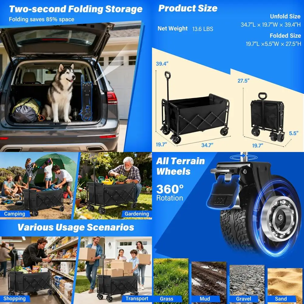 

Collapsible Wagon with Adjustable Handle, 500 lbs Capacity, Portable for Outdoors, Shopping, Sports & Storage