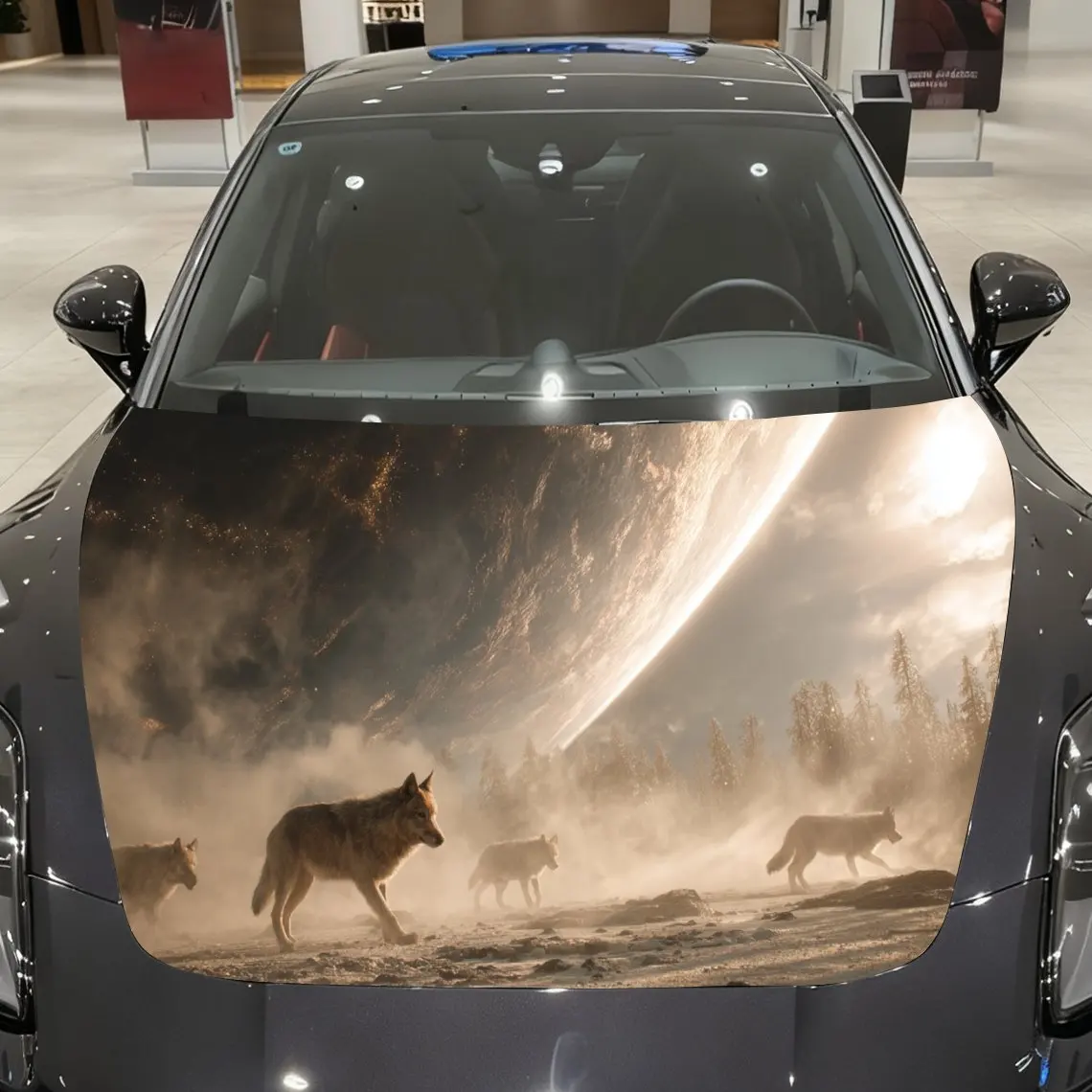 شارات السيارة حزمة الذئب في الخيال العلمي - المناظر الطبيعية الضبابية المستوحاة من Fi مع مشهد الجسم السماوي خلق ملصق غطاء السيارة، مقاوم للماء الذاتي