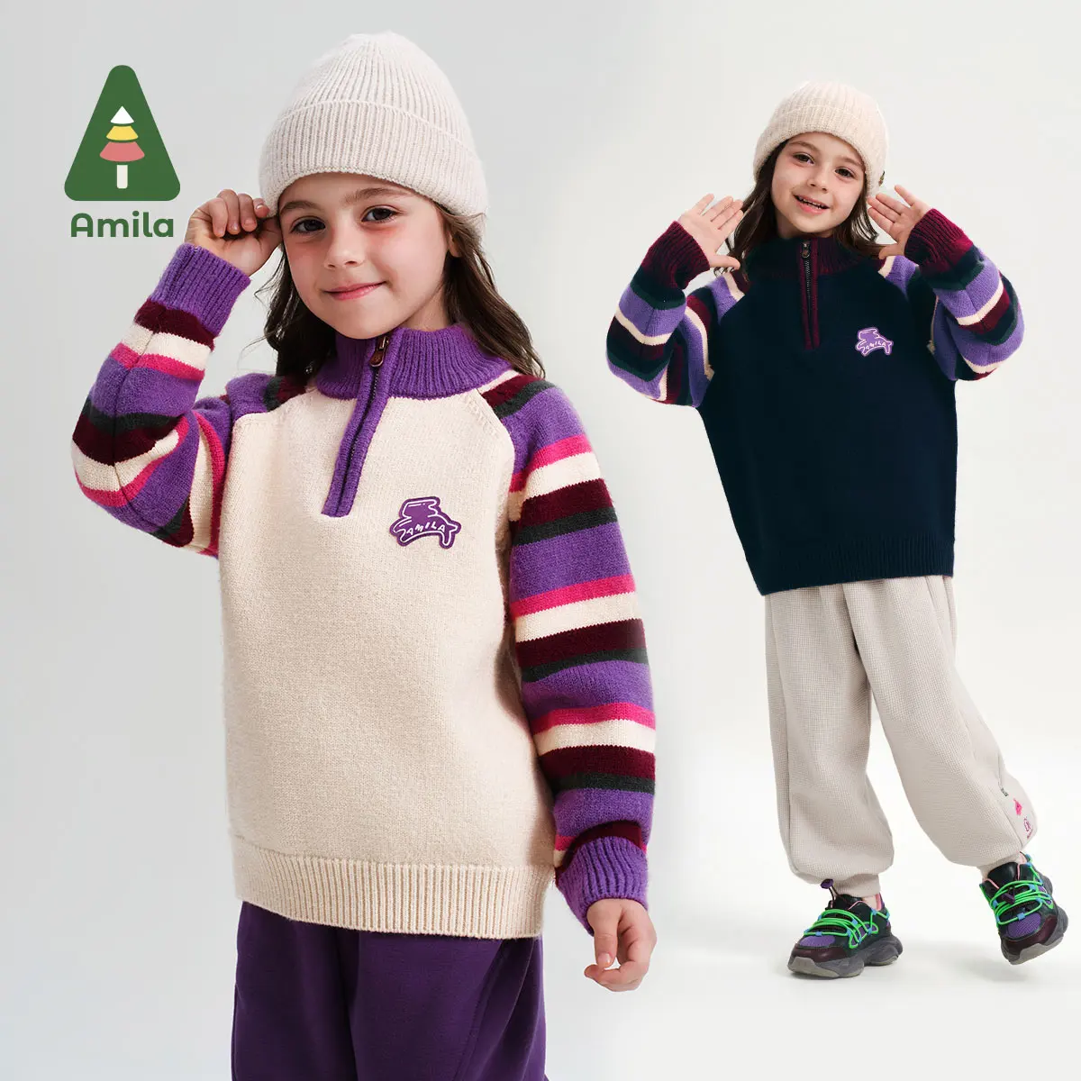 

Amila Baby Sweater 2024 Winter New Girls Solid Color Warm Soft And Skin-Friendly Basic Versatile Casual Children's Sweater