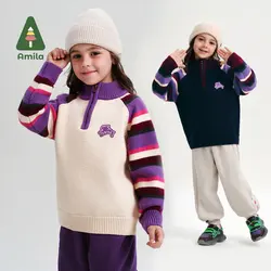 Amila Baby Sweater 2024 Winter New Girls Solid Color Warm Soft And Skin-Friendly Basic Versatile Casual Children's Sweater