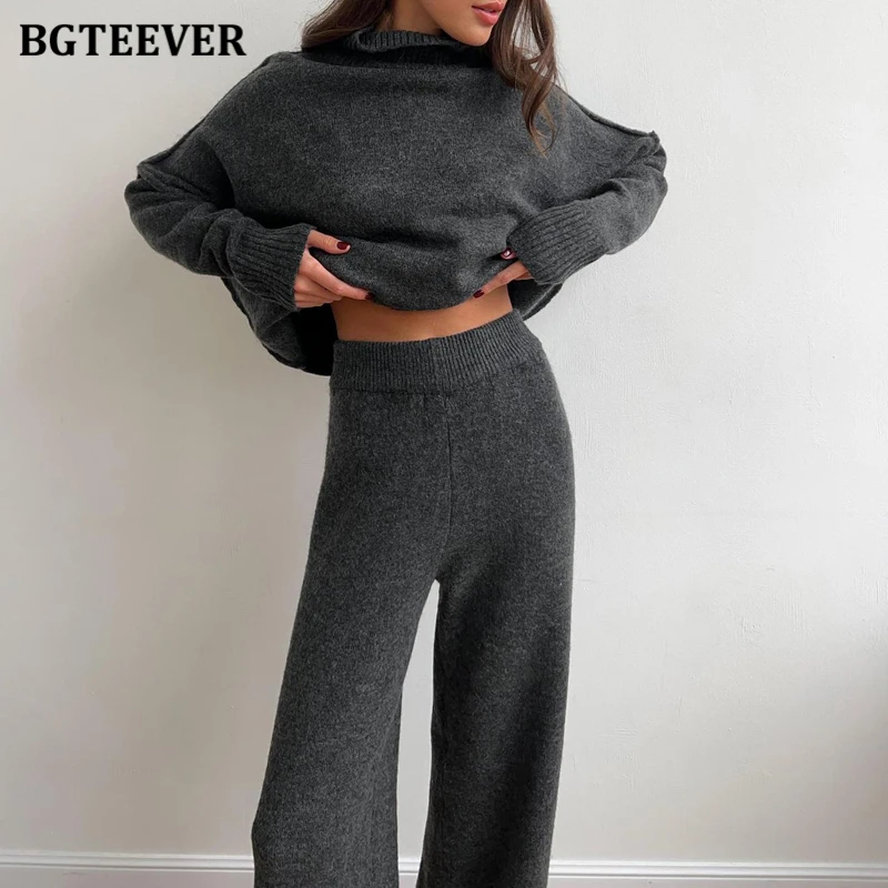 BGTEEVER Stylish Loose Women Knitted Trousers Set Long Sleeve Split Turtleneck Sweaters Female Floor-Length Straight Pants