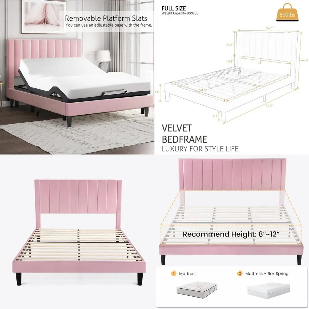 

Розовая бархатная кровать на платформе с поддержкой из массива дерева – пружинный блок не требуется