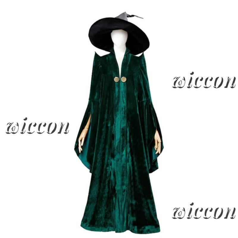 McGonagall Professor Cosplay Costume pour femme, robe verte, cape en velours, chapeau Everak, Halloween, carnaval, haute qualité