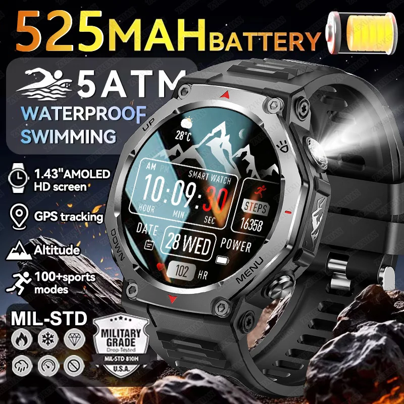 

T-Rex 3 GPS Смарт-часы 5 АТМ Водонепроницаемый AMOLED HD Экран BT Фонарик для вызова Военные спортивные умные часы Мужчины 2025 Новинка для Xiaomi