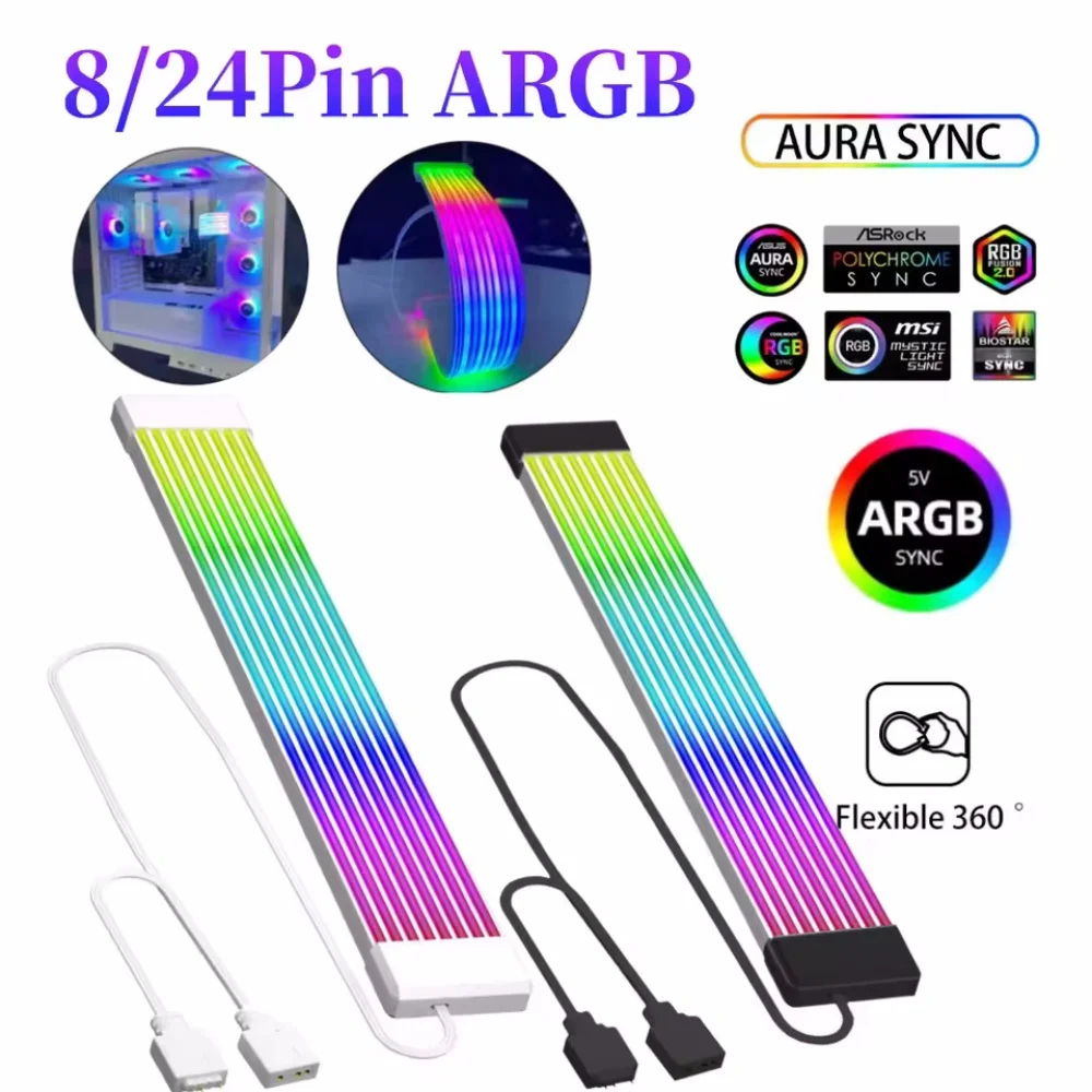RGB GPU Cable RGB LED Light Strip Bar 8Pin 24Pin ARGB Motherboard Power Extension Cable RGB LED Light GPU Video Card Cables Case