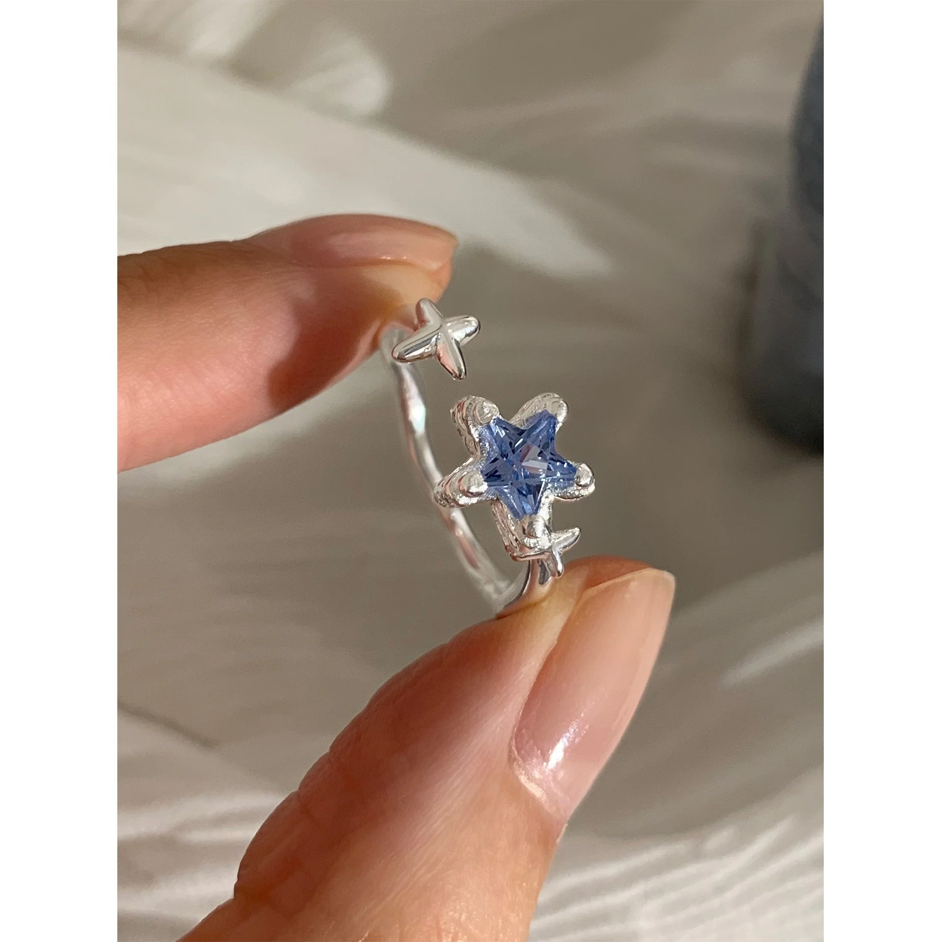 Fresh Sea Blue Zircon Star Ring Niche Drip Oil Design Open Ring Fashion Personalized Jewelry
