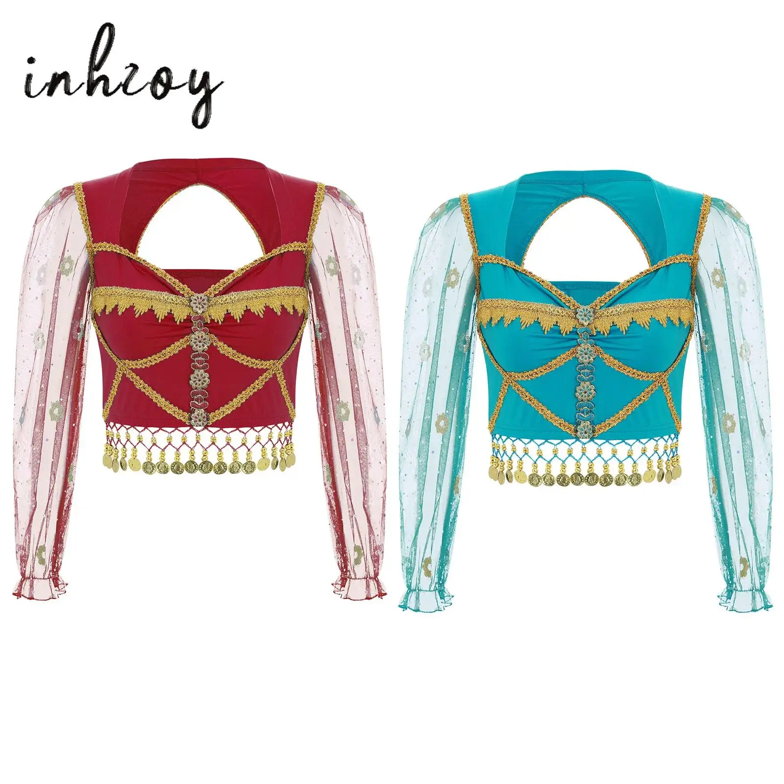 

Womens Belly Dance Crop Top Sweetheart Long Sleeve Tassel Gold Lace Trim Tops Halloween Themed Party Princess Cosplay Costumes