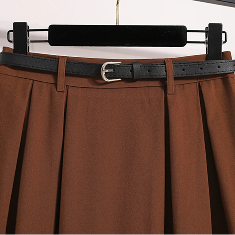 Plus Size Skirt Women 2024 Autumn Winter High Waist A Line Long Skirt With Belt Korean Style Pleated Maxi Skirts Womens Hot Sale