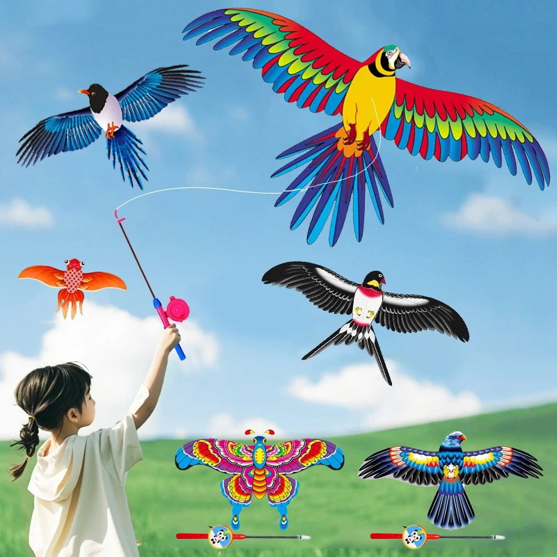 Mini cometa de caña de pescar para niños, loro de golondrina de mariposa vívida, pipas de peces dorados fáciles de volar para niños pequeños, parque de playa al aire libre para principiantes