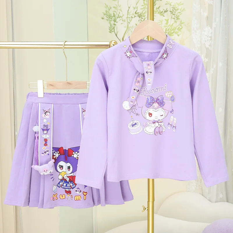 Sanrio New Girls Pure Cotton Skirt Pleated Skirt T-Shirt Suit Fashion Casual Skirt Jk Suit Cartoon Kuromi My Melody Gift