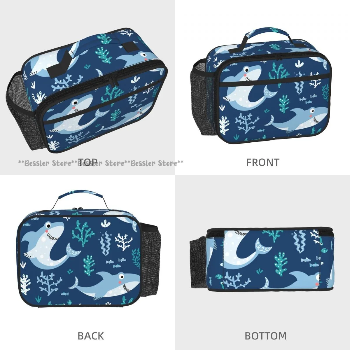 Portable Horizontal Insulated Lunch Tote Bag Cartoon Sharks And Fishes With Sea Plants Thermal Food Storage Handbag