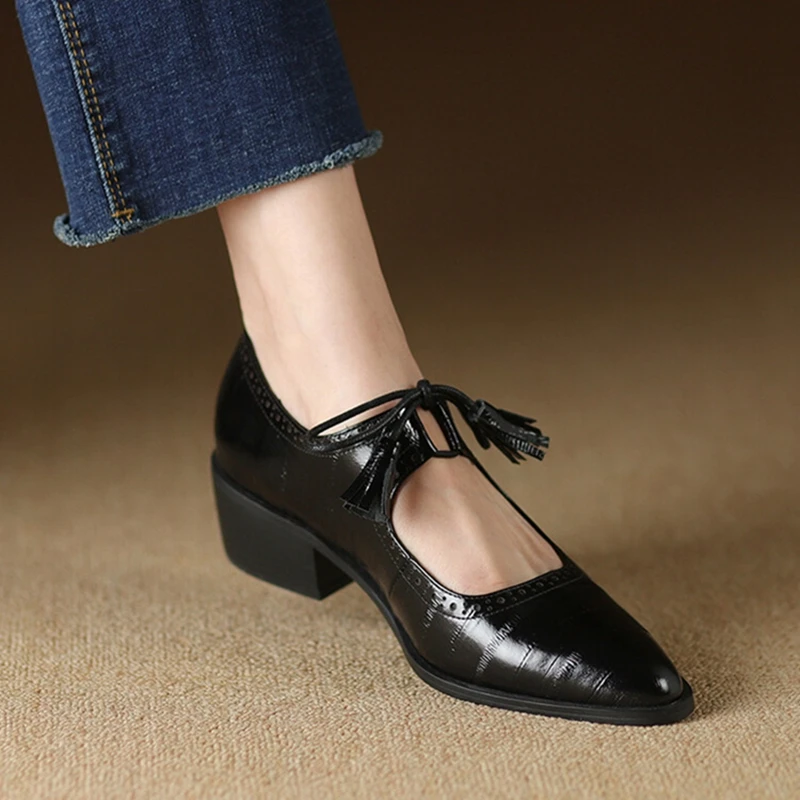 NEW Spring Women Pumps Genuine Leather Shoes for Women Pointed Toe Chunky Heel Shoes Elegant Mary Janes High Heel Tassels Shoes